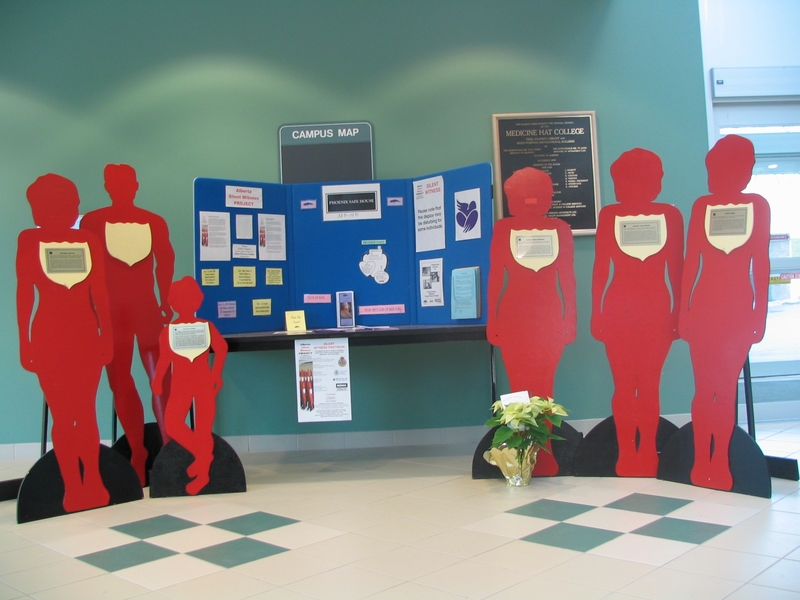 A display for the Silent Witness Project. Shows red figures alongside a poster display of information about the Silent Witness Project.